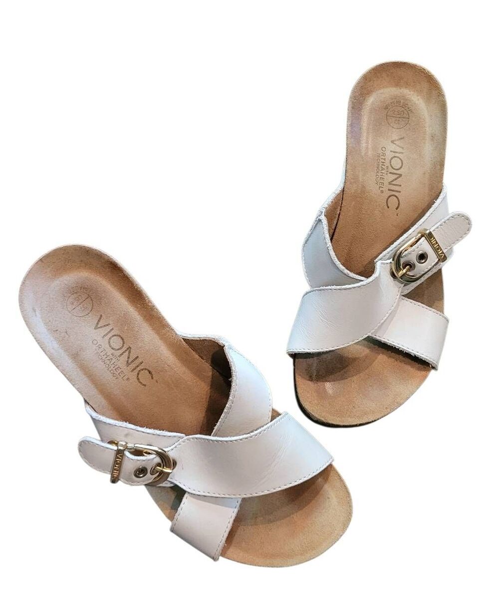 Vionic Sandals Women's 6 White Leather Danette Wedge Orthaheel Buckle